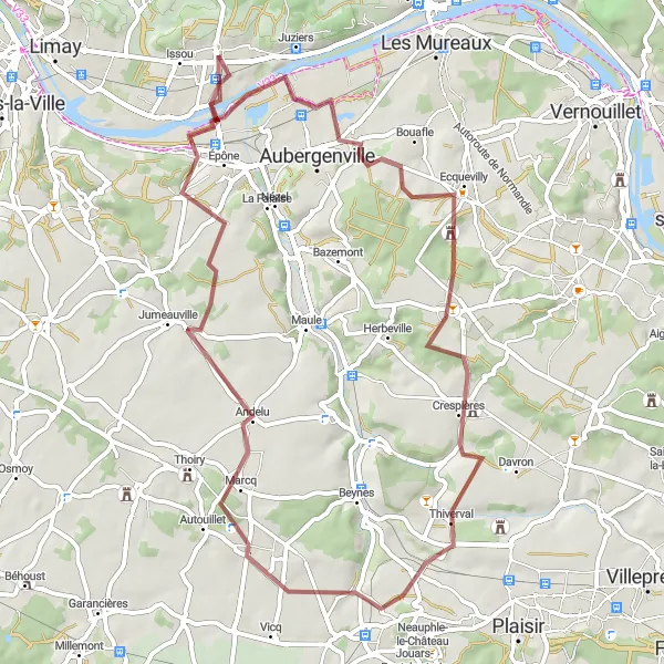 Map miniature of "Flins-sur-Seine Adventure" cycling inspiration in Ile-de-France, France. Generated by Tarmacs.app cycling route planner