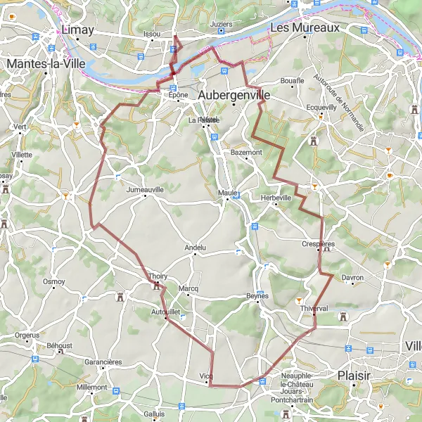 Miniature de la carte de l'inspiration cycliste "Parcours gravel autour de Flins-sur-Seine" dans la Ile-de-France, France. Générée par le planificateur d'itinéraire cycliste Tarmacs.app