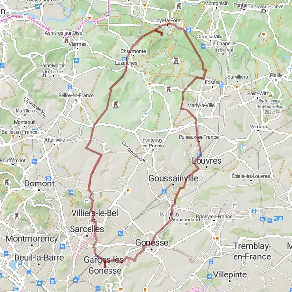 Miniature de la carte de l'inspiration cycliste "Parcours en gravier Sarcelles - Coye-la-Forêt" dans la Ile-de-France, France. Générée par le planificateur d'itinéraire cycliste Tarmacs.app