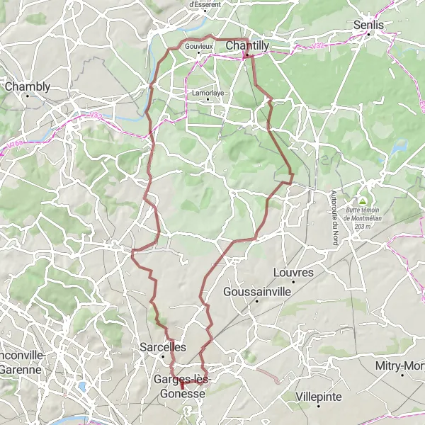Miniature de la carte de l'inspiration cycliste "Parcours en gravier Sarcelles - Chantilly" dans la Ile-de-France, France. Générée par le planificateur d'itinéraire cycliste Tarmacs.app