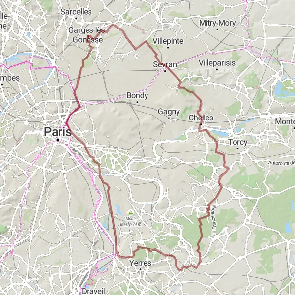 Miniature de la carte de l'inspiration cycliste "Circuit en gravier Gonesse - Temple Grec" dans la Ile-de-France, France. Générée par le planificateur d'itinéraire cycliste Tarmacs.app