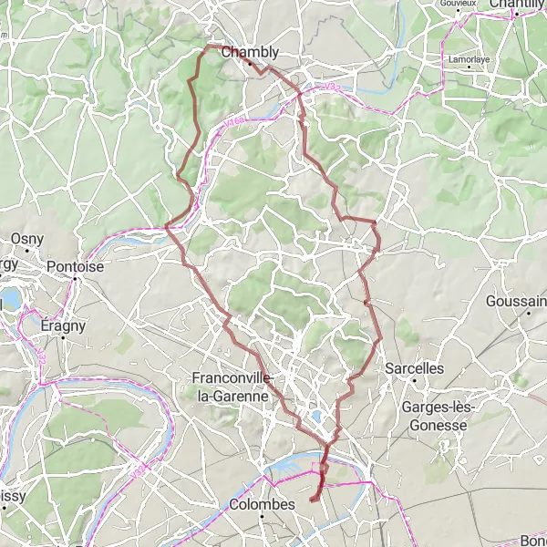 Map miniature of "The Gravel tour through Northern Suburbs" cycling inspiration in Ile-de-France, France. Generated by Tarmacs.app cycling route planner