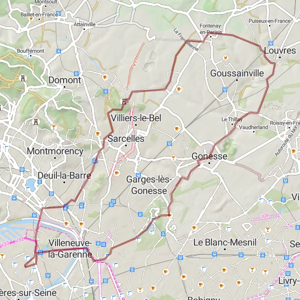Map miniature of "Gravel Adventure in Northern Suburbs" cycling inspiration in Ile-de-France, France. Generated by Tarmacs.app cycling route planner