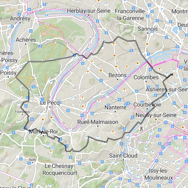 Map miniature of "Scenic Circuit of Western Suburbs" cycling inspiration in Ile-de-France, France. Generated by Tarmacs.app cycling route planner