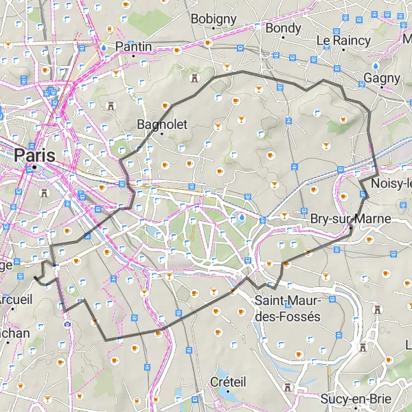 Map miniature of "Exploring the Eastern Suburbs" cycling inspiration in Ile-de-France, France. Generated by Tarmacs.app cycling route planner