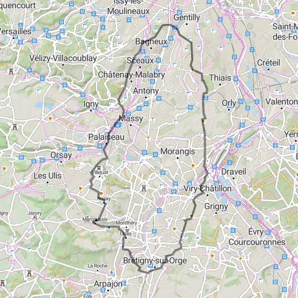 Miniature de la carte de l'inspiration cycliste "Tour des Vallées de l'Orge et de la Seine" dans la Ile-de-France, France. Générée par le planificateur d'itinéraire cycliste Tarmacs.app