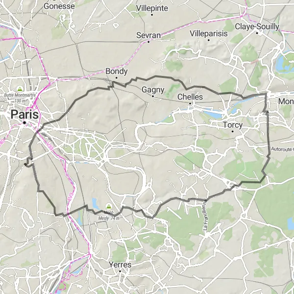 Miniature de la carte de l'inspiration cycliste "Randonnée vers Roissy-en-Brie et Villejuif" dans la Ile-de-France, France. Générée par le planificateur d'itinéraire cycliste Tarmacs.app