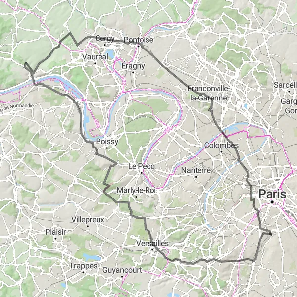 Miniature de la carte de l'inspiration cycliste "Boucle de Versailles et de la Seine" dans la Ile-de-France, France. Générée par le planificateur d'itinéraire cycliste Tarmacs.app