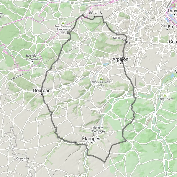 Miniature de la carte de l'inspiration cycliste "Tour à vélo de route au départ de Gif-sur-Yvette" dans la Ile-de-France, France. Générée par le planificateur d'itinéraire cycliste Tarmacs.app