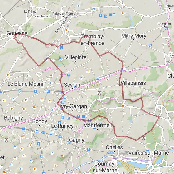 Miniature de la carte de l'inspiration cycliste "Parcours Gravel autour de Gonesse" dans la Ile-de-France, France. Générée par le planificateur d'itinéraire cycliste Tarmacs.app