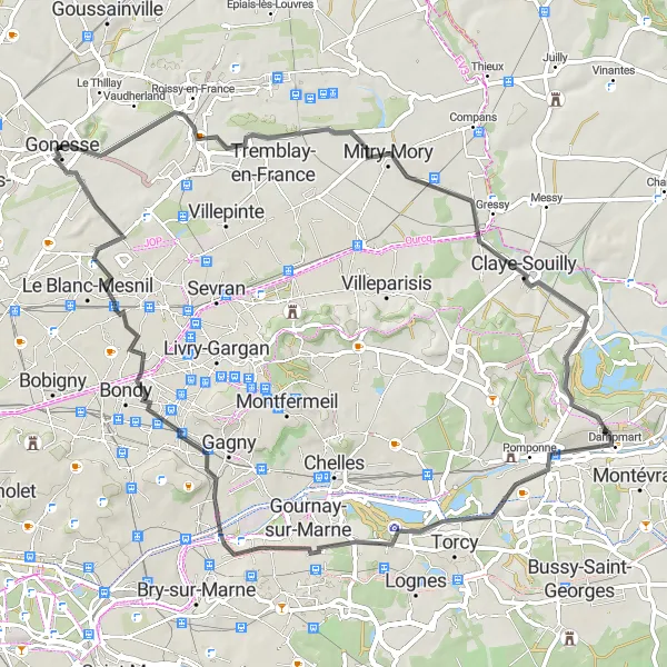 Miniature de la carte de l'inspiration cycliste "Boucle Noisy-le-Grand" dans la Ile-de-France, France. Générée par le planificateur d'itinéraire cycliste Tarmacs.app