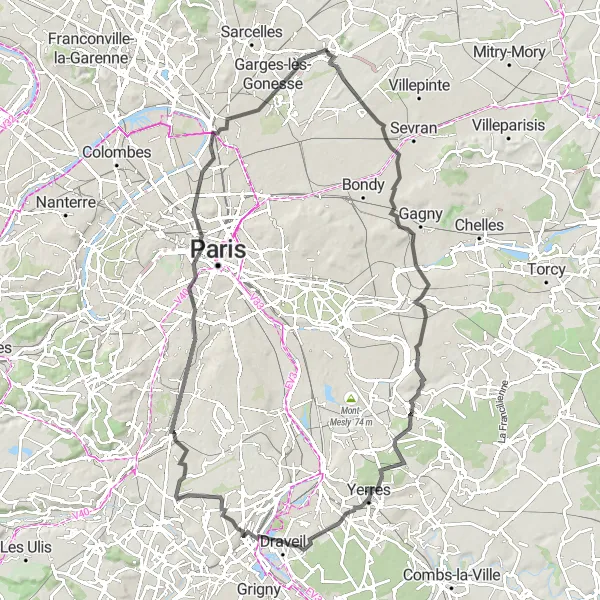 Map miniature of "Gonesse Round-Trip Adventure" cycling inspiration in Ile-de-France, France. Generated by Tarmacs.app cycling route planner