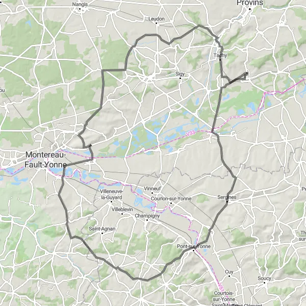 Map miniature of "The Road Adventure near Gouaix" cycling inspiration in Ile-de-France, France. Generated by Tarmacs.app cycling route planner