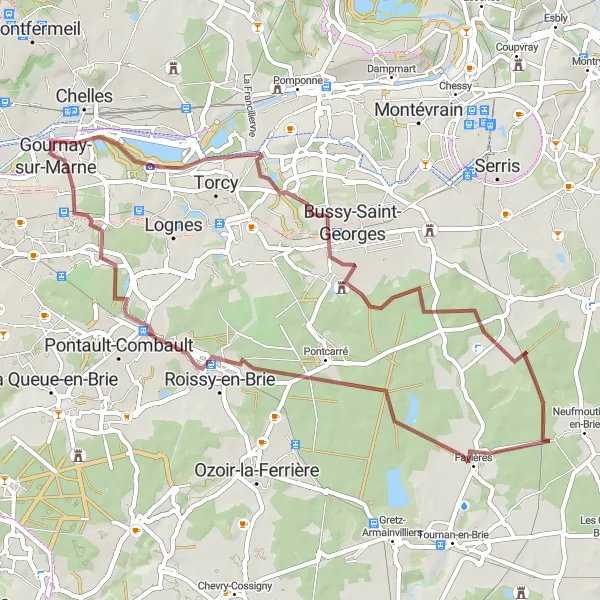Miniature de la carte de l'inspiration cycliste "Boucle entre Gournay-sur-Marne et Favières" dans la Ile-de-France, France. Générée par le planificateur d'itinéraire cycliste Tarmacs.app