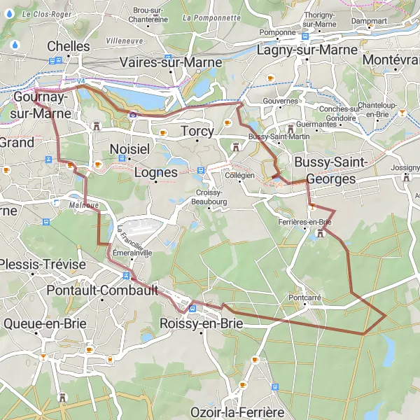 Miniature de la carte de l'inspiration cycliste "Boucle de Ferrières-en-Brie" dans la Ile-de-France, France. Générée par le planificateur d'itinéraire cycliste Tarmacs.app