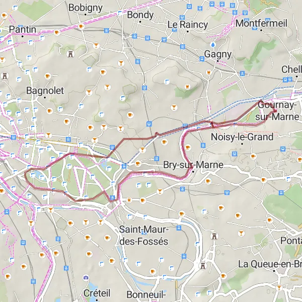 Miniature de la carte de l'inspiration cycliste "Les sentiers de l'Est" dans la Ile-de-France, France. Générée par le planificateur d'itinéraire cycliste Tarmacs.app