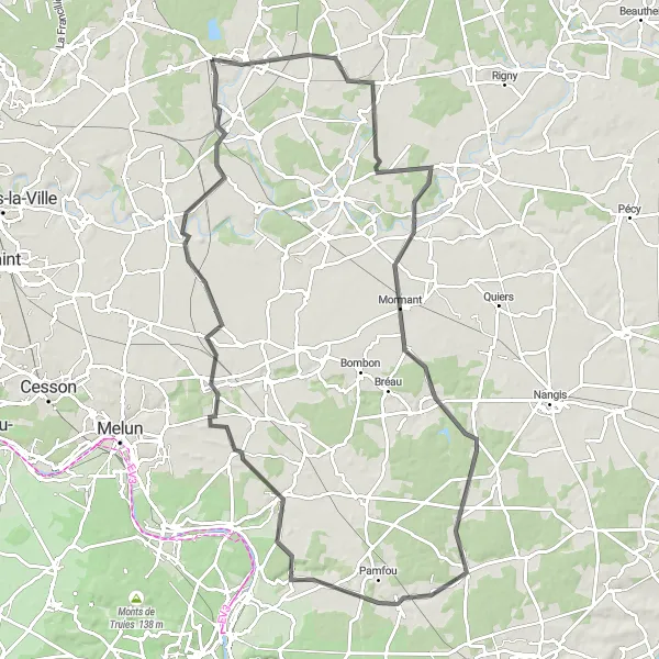 Map miniature of "Gretz-Armainvilliers to Tournan-en-Brie Loop" cycling inspiration in Ile-de-France, France. Generated by Tarmacs.app cycling route planner