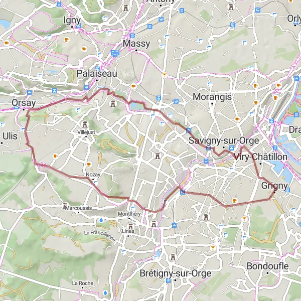 Map miniature of "Grigny Gravel Adventure" cycling inspiration in Ile-de-France, France. Generated by Tarmacs.app cycling route planner