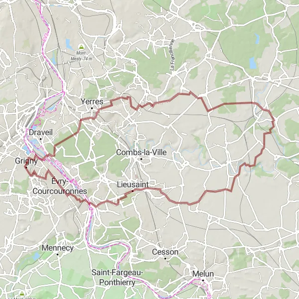 Map miniature of "Challenging Grigny Gravel Adventure" cycling inspiration in Ile-de-France, France. Generated by Tarmacs.app cycling route planner