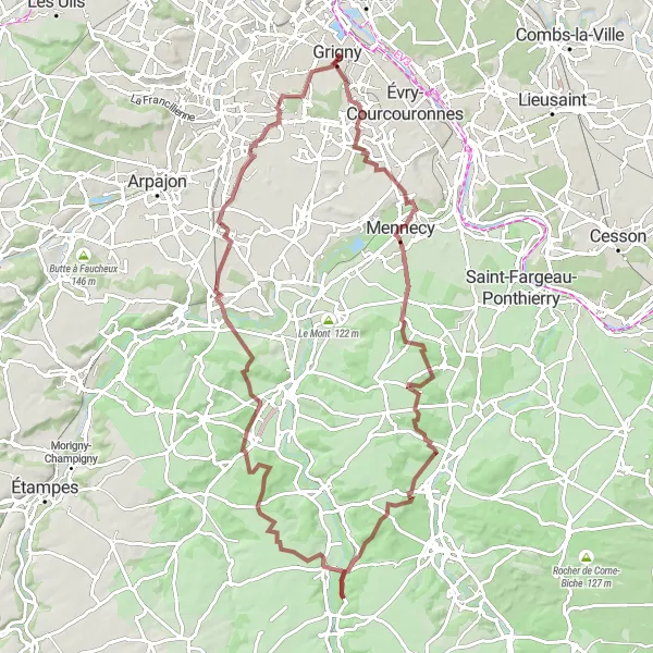 Map miniature of "Mennecy and Surrounding Gravel Trails" cycling inspiration in Ile-de-France, France. Generated by Tarmacs.app cycling route planner