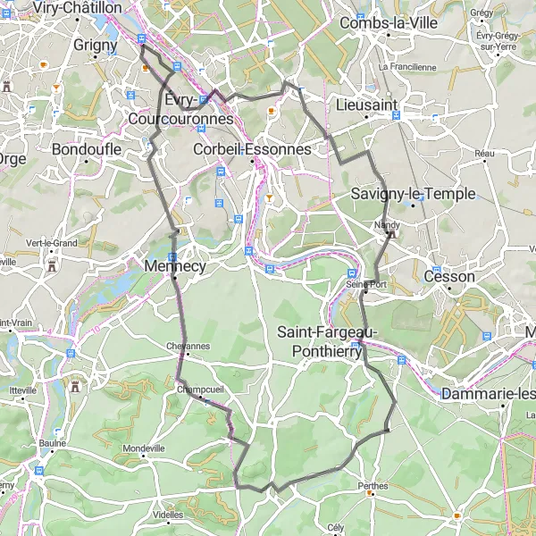 Map miniature of "Tigery to Évry Road Cycling Route" cycling inspiration in Ile-de-France, France. Generated by Tarmacs.app cycling route planner