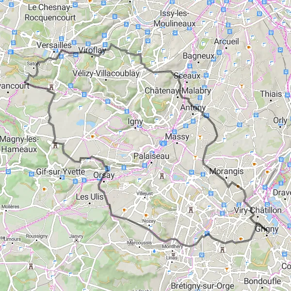 Miniature de la carte de l'inspiration cycliste "Parcours à travers Toussus-le-Noble et Viry-Châtillon" dans la Ile-de-France, France. Générée par le planificateur d'itinéraire cycliste Tarmacs.app