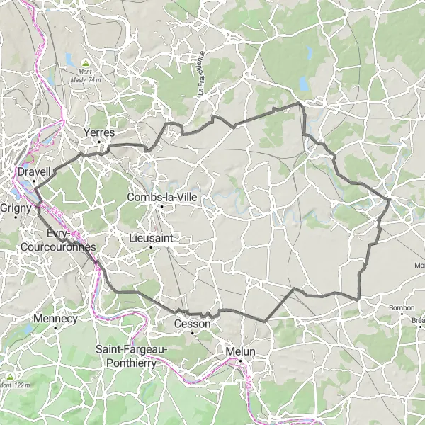 Map miniature of "Exciting Road Cycling Adventure near Grigny" cycling inspiration in Ile-de-France, France. Generated by Tarmacs.app cycling route planner