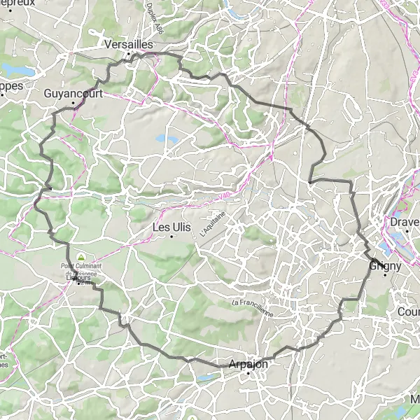 Map miniature of "Grigny to Versailles Road Cycling Route" cycling inspiration in Ile-de-France, France. Generated by Tarmacs.app cycling route planner