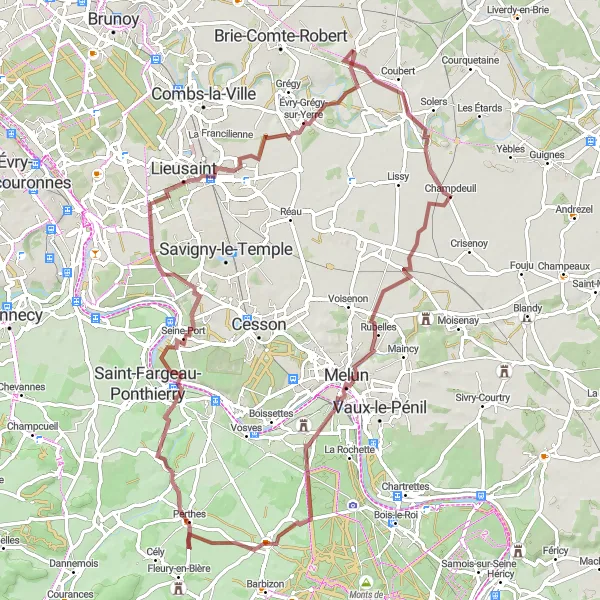 Miniature de la carte de l'inspiration cycliste "Circuit des Châteaux de la Brie" dans la Ile-de-France, France. Générée par le planificateur d'itinéraire cycliste Tarmacs.app