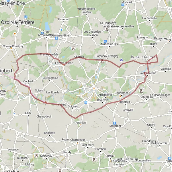 Miniature de la carte de l'inspiration cycliste "Boucle des Villages de la Brie" dans la Ile-de-France, France. Générée par le planificateur d'itinéraire cycliste Tarmacs.app