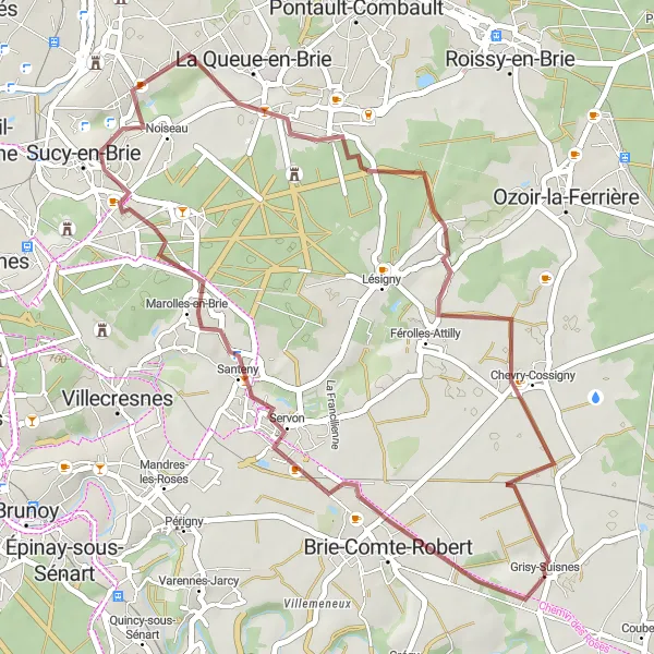 Miniature de la carte de l'inspiration cycliste "L'Escapade autour de Grisy-Suisnes" dans la Ile-de-France, France. Générée par le planificateur d'itinéraire cycliste Tarmacs.app