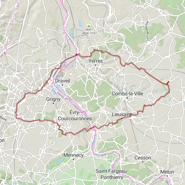 Miniature de la carte de l'inspiration cycliste "Le Circuit de Gravel d'Évry-Grégy-sur-Yerre" dans la Ile-de-France, France. Générée par le planificateur d'itinéraire cycliste Tarmacs.app