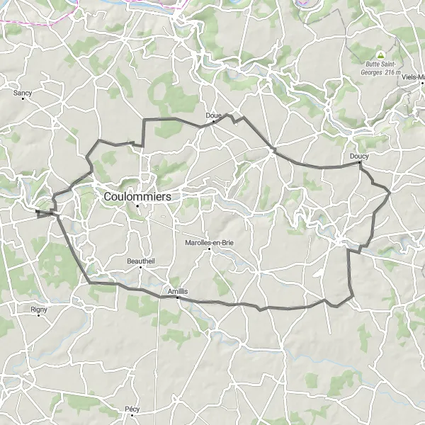 Miniature de la carte de l'inspiration cycliste "Parcours Routier pittoresque près de Guérard" dans la Ile-de-France, France. Générée par le planificateur d'itinéraire cycliste Tarmacs.app
