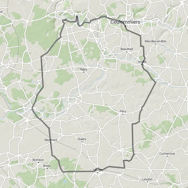 Miniature de la carte de l'inspiration cycliste "Aventure Cycliste autour de Guérard" dans la Ile-de-France, France. Générée par le planificateur d'itinéraire cycliste Tarmacs.app