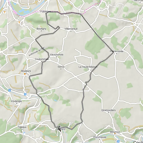 Miniature de la carte de l'inspiration cycliste "Parcours routier vers Montceaux-lès-Meaux" dans la Ile-de-France, France. Générée par le planificateur d'itinéraire cycliste Tarmacs.app
