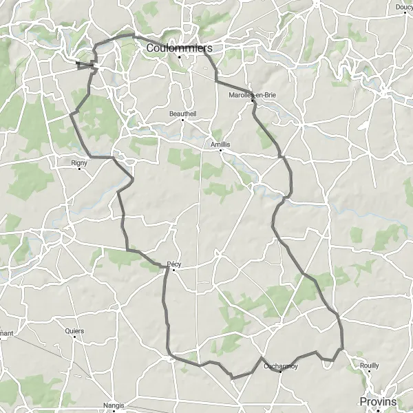 Miniature de la carte de l'inspiration cycliste "Boucle autour de Guérard" dans la Ile-de-France, France. Générée par le planificateur d'itinéraire cycliste Tarmacs.app