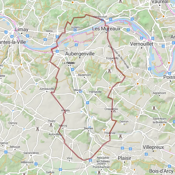 Miniature de la carte de l'inspiration cycliste "Circuit de gravel vers Mézières-sur-Seine" dans la Ile-de-France, France. Générée par le planificateur d'itinéraire cycliste Tarmacs.app