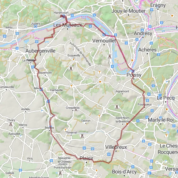 Map miniature of "Gravel Ride to Meulan-en-Yvelines" cycling inspiration in Ile-de-France, France. Generated by Tarmacs.app cycling route planner