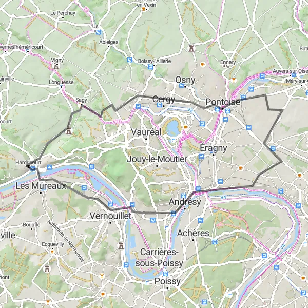 Map miniature of "Countryside Ride from Cergy" cycling inspiration in Ile-de-France, France. Generated by Tarmacs.app cycling route planner