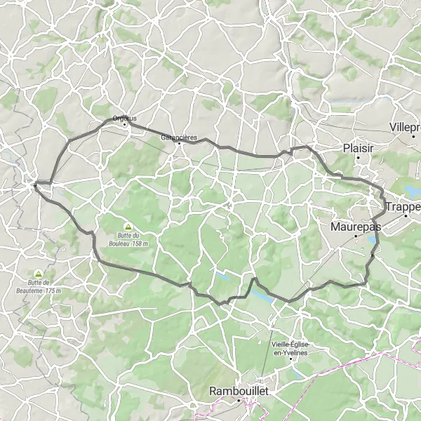 Miniature de la carte de l'inspiration cycliste "Boucle à travers les collines verdoyantes" dans la Ile-de-France, France. Générée par le planificateur d'itinéraire cycliste Tarmacs.app