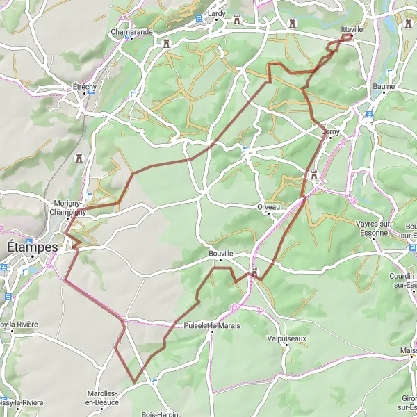 Map miniature of "Gravel Excursion to D'Huison-Longueville, La Forêt-Sainte-Croix, and Morigny-Champigny" cycling inspiration in Ile-de-France, France. Generated by Tarmacs.app cycling route planner