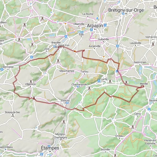 Map miniature of "Gravel Tour through Janville-sur-Juine, Château de Saudreville, Saint-Yon, and Butte à Faucheux" cycling inspiration in Ile-de-France, France. Generated by Tarmacs.app cycling route planner