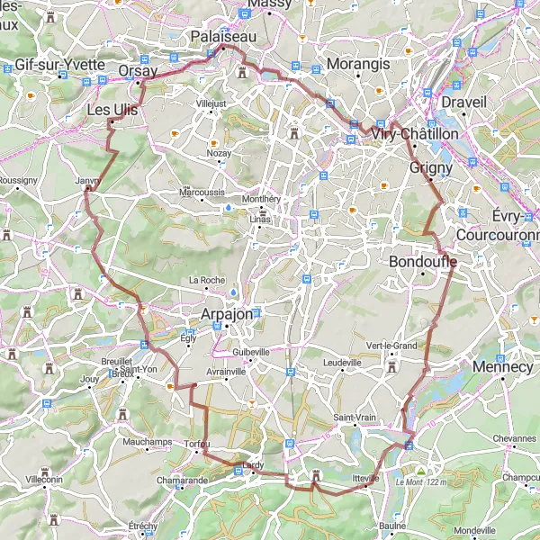 Map miniature of "Gravel Loop through Bouray-sur-Juine, Fontenay-lès-Briis, and Palaiseau" cycling inspiration in Ile-de-France, France. Generated by Tarmacs.app cycling route planner