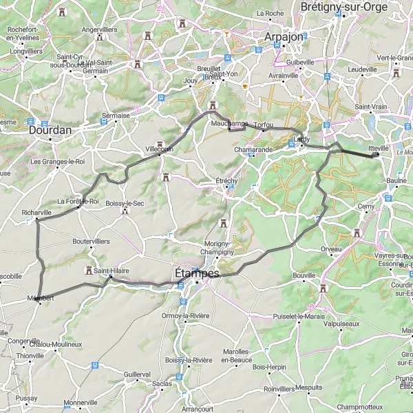 Miniature de la carte de l'inspiration cycliste "Boucle vers Boissy-le-Cutté et Lardy" dans la Ile-de-France, France. Générée par le planificateur d'itinéraire cycliste Tarmacs.app