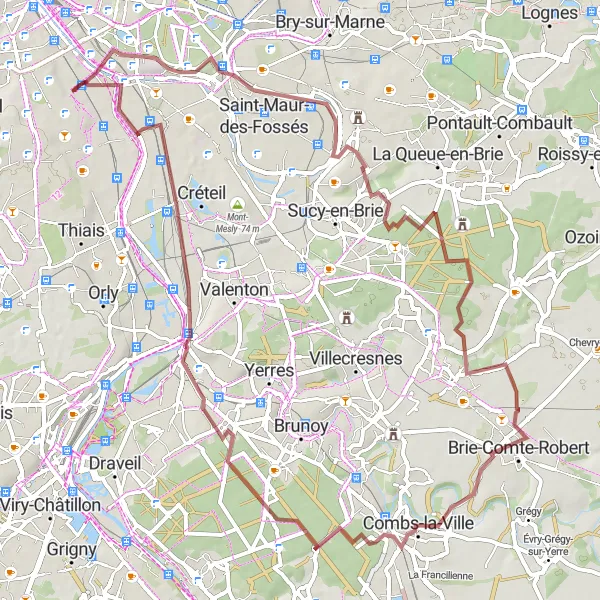 Map miniature of "Discover the Charming Gravel Routes near Ivry-sur-Seine" cycling inspiration in Ile-de-France, France. Generated by Tarmacs.app cycling route planner