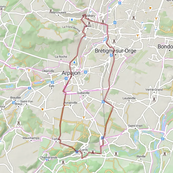 Map miniature of "Arpajon and Montlhéry Gravel Loop" cycling inspiration in Ile-de-France, France. Generated by Tarmacs.app cycling route planner