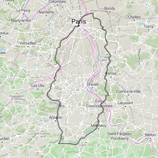 Map miniature of "Road Route to Notre Dame" cycling inspiration in Ile-de-France, France. Generated by Tarmacs.app cycling route planner