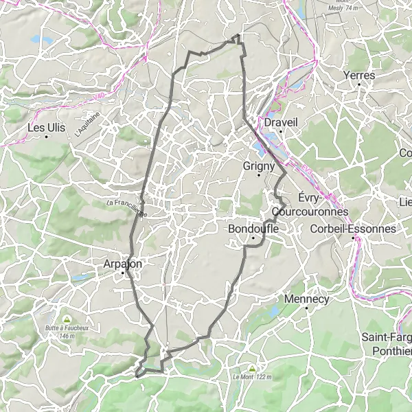 Map miniature of "Exploring the Vallée de l'Orge" cycling inspiration in Ile-de-France, France. Generated by Tarmacs.app cycling route planner