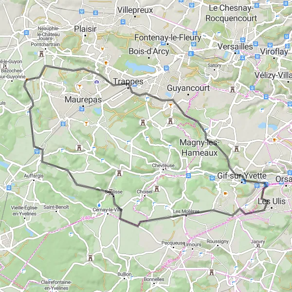 Map miniature of "The Scenic Road Tour" cycling inspiration in Ile-de-France, France. Generated by Tarmacs.app cycling route planner