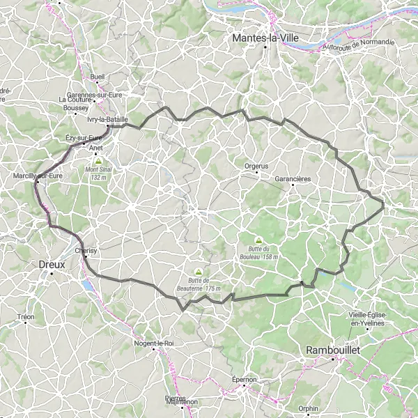 Map miniature of "The Road Challange" cycling inspiration in Ile-de-France, France. Generated by Tarmacs.app cycling route planner